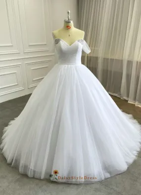 Ball Gown Off Shoulder Sleeve White Tulle Wedding Dress
