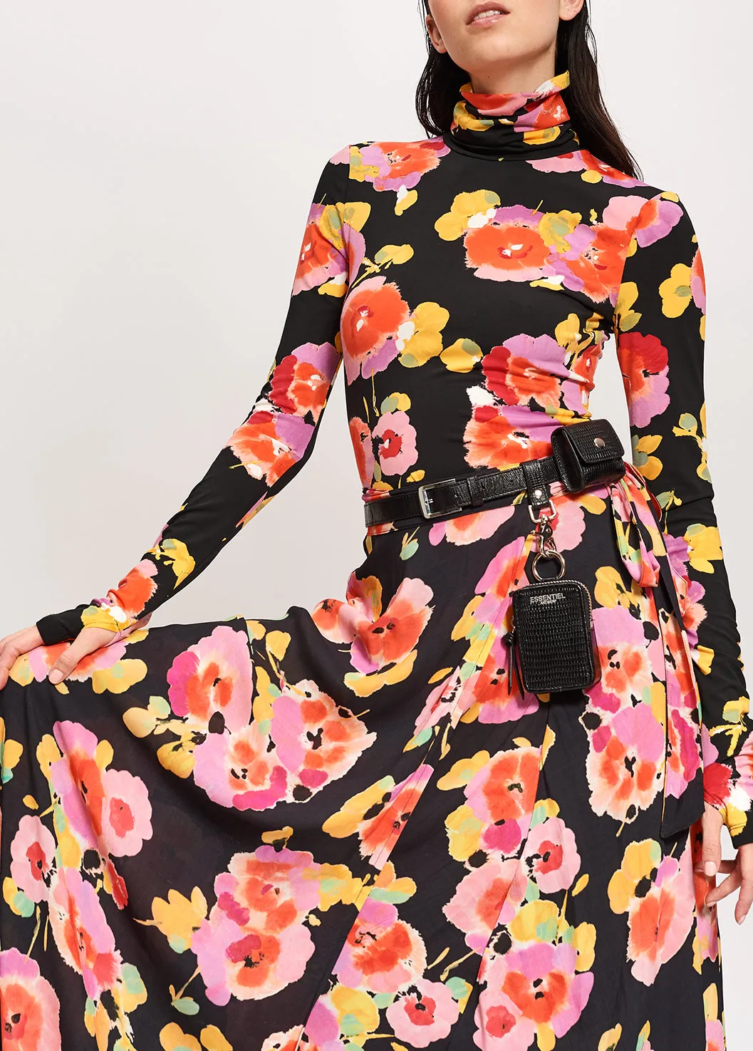 Black floral-print asymmetric maxi skirt