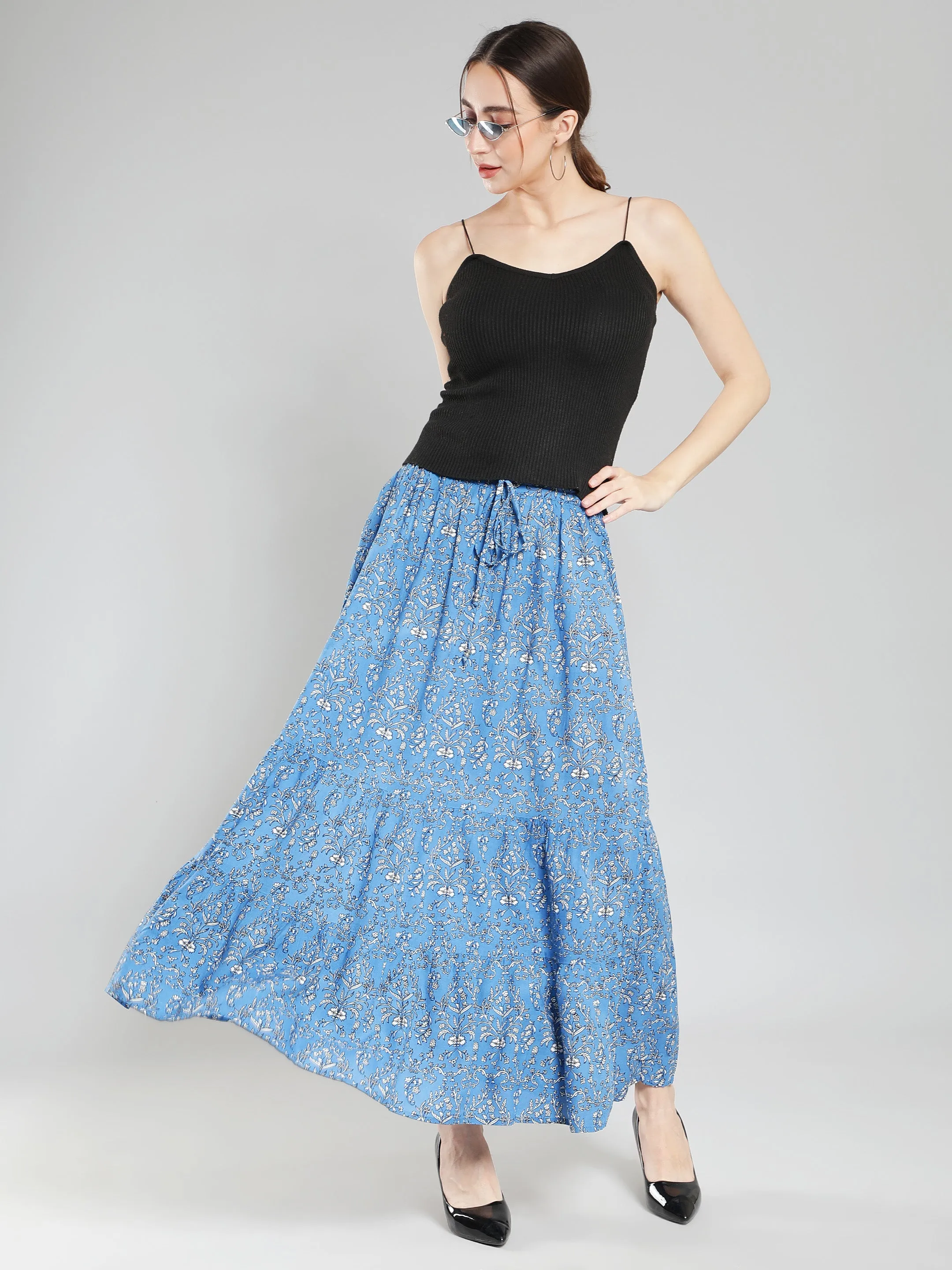 Blue floral Print Viscose Maxi Skirt
