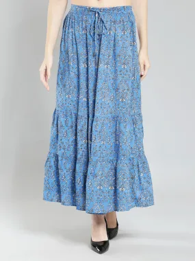 Blue floral Print Viscose Maxi Skirt