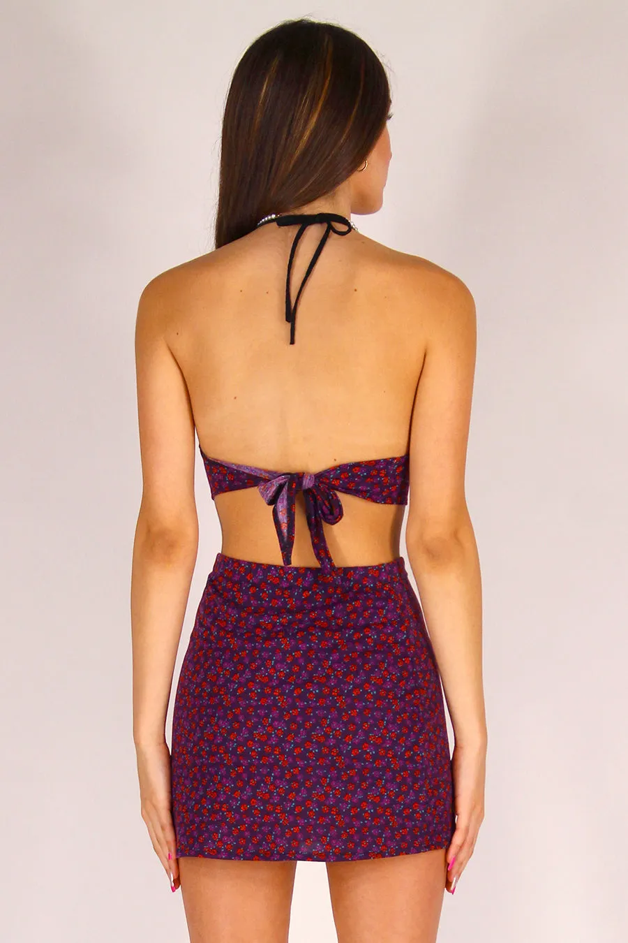 Bralette and Skirt - Stretchy Purple with Red Floral