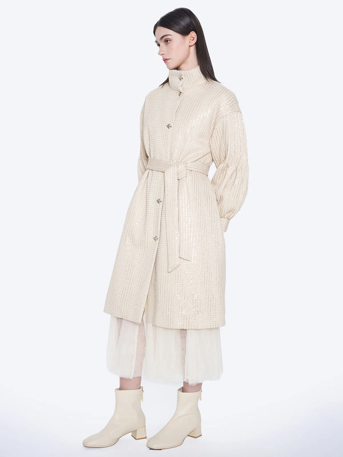 Checked Quilted Longline Down Coat
