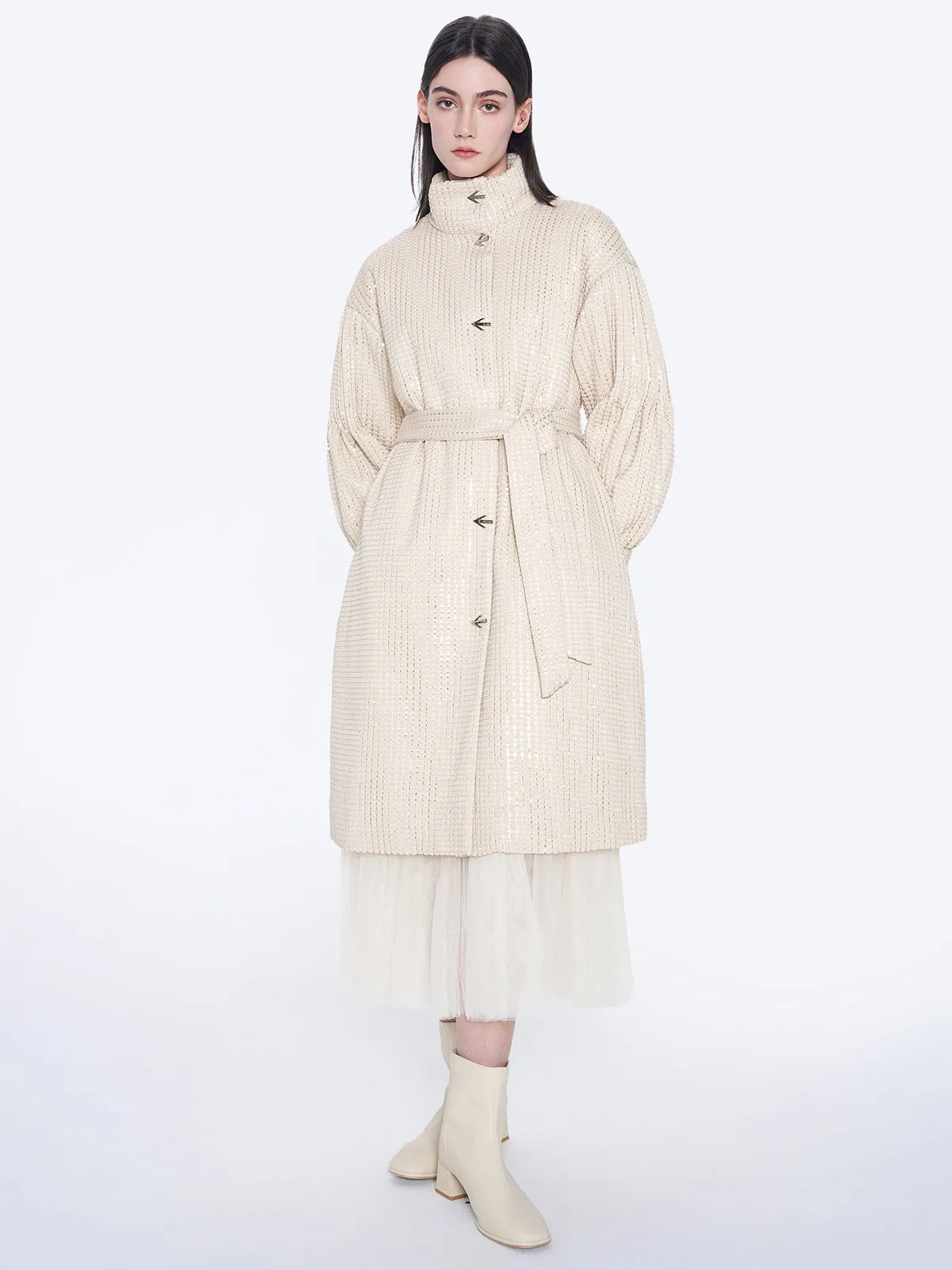 Checked Quilted Longline Down Coat