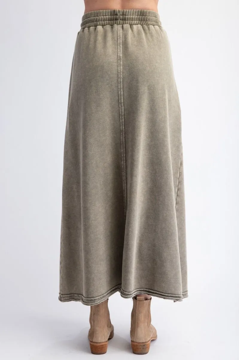 Easel - Faded Olive Mineral Wash Terry Maxi Skirt