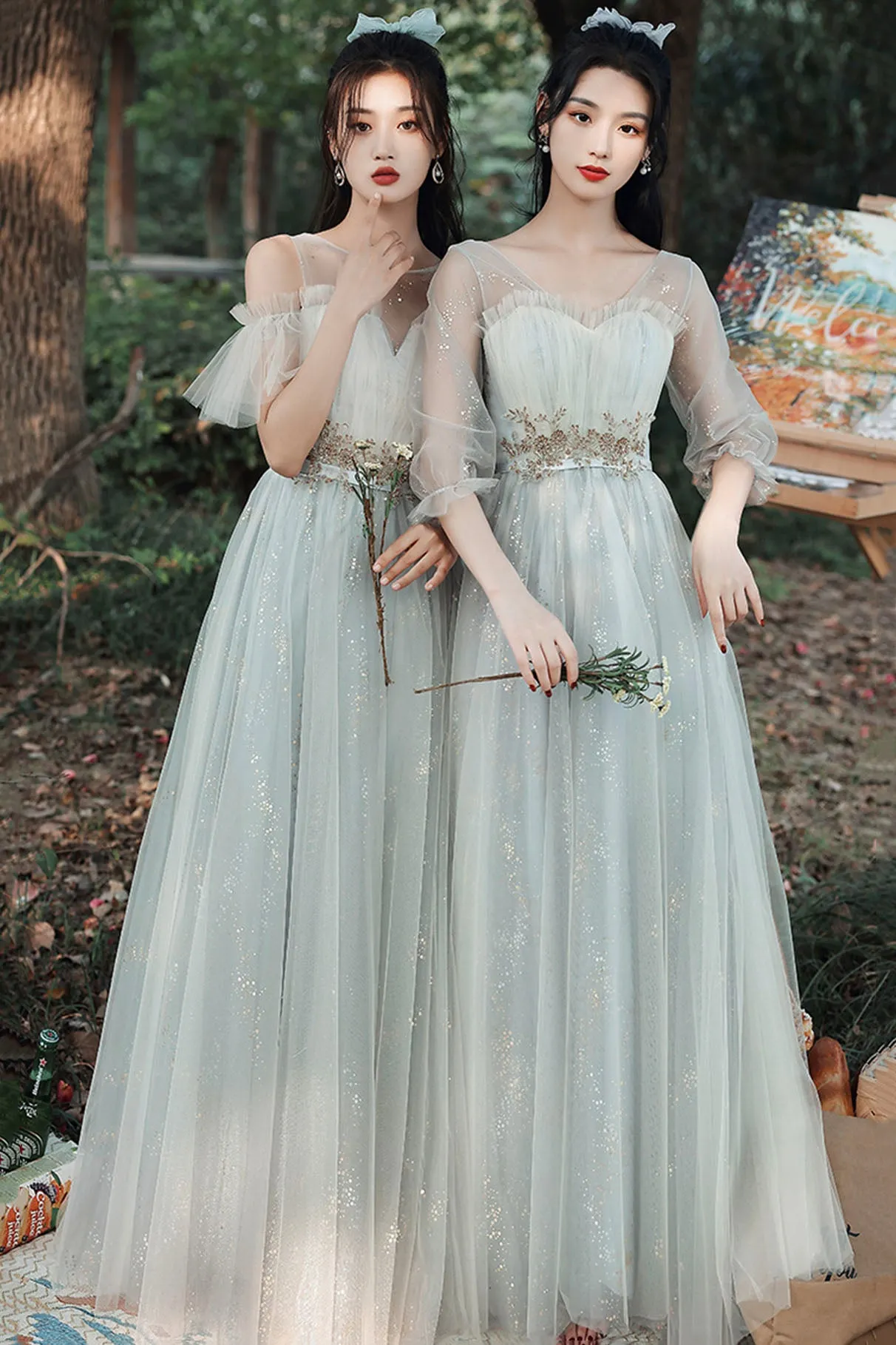 Gray Tulle Lace Long Prom Dress, Cute A-Line Party Dress
