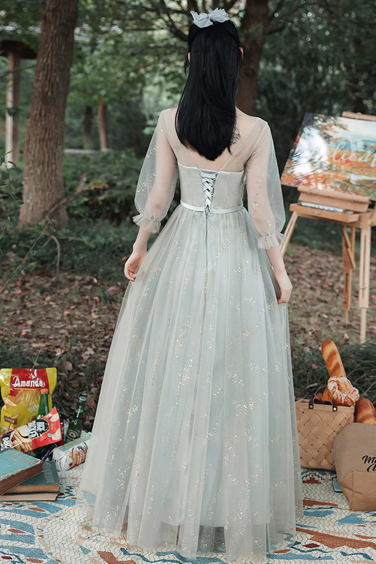 Gray Tulle Lace Long Prom Dress, Cute A-Line Party Dress