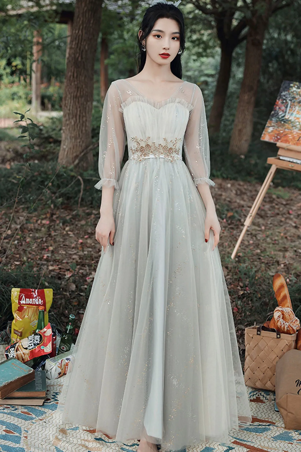 Gray Tulle Lace Long Prom Dress, Cute A-Line Party Dress