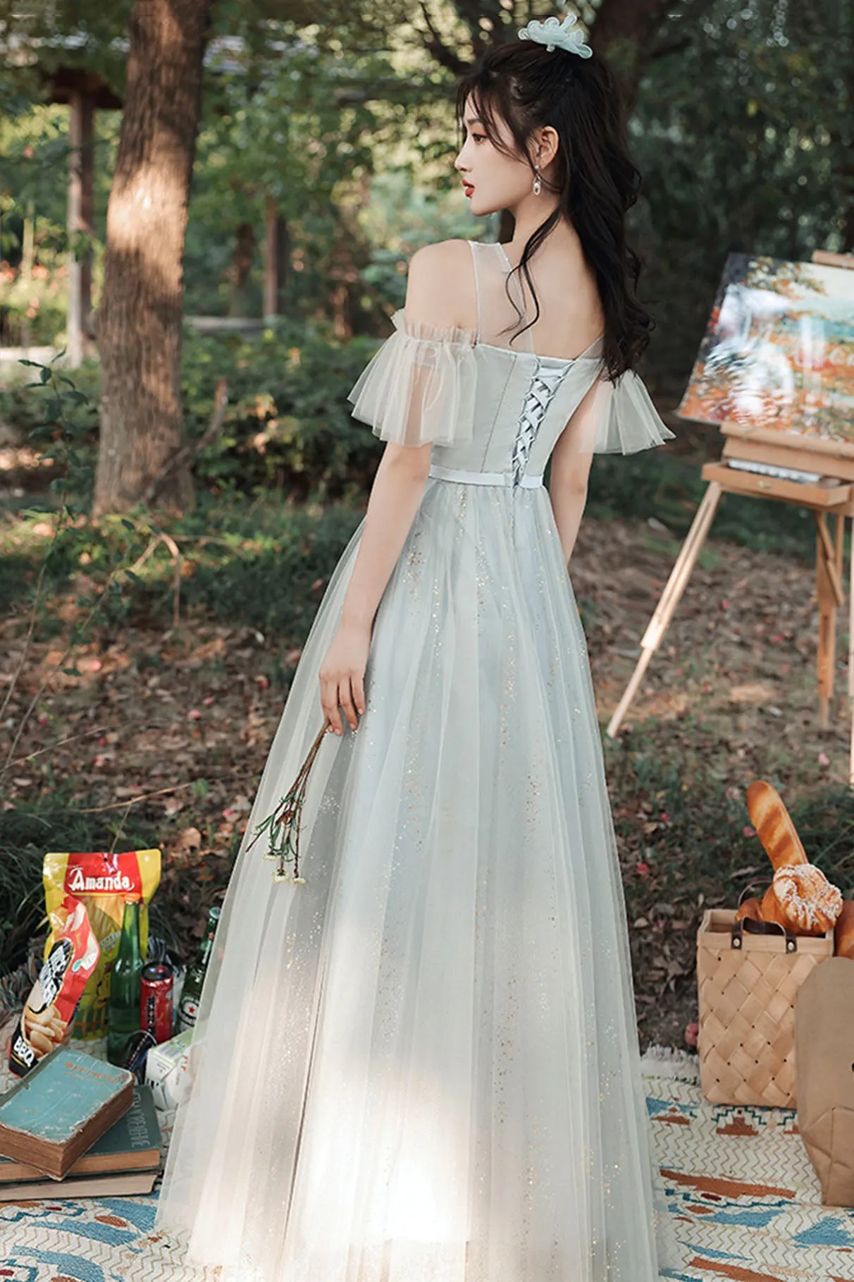 Gray Tulle Lace Long Prom Dress, Cute A-Line Party Dress