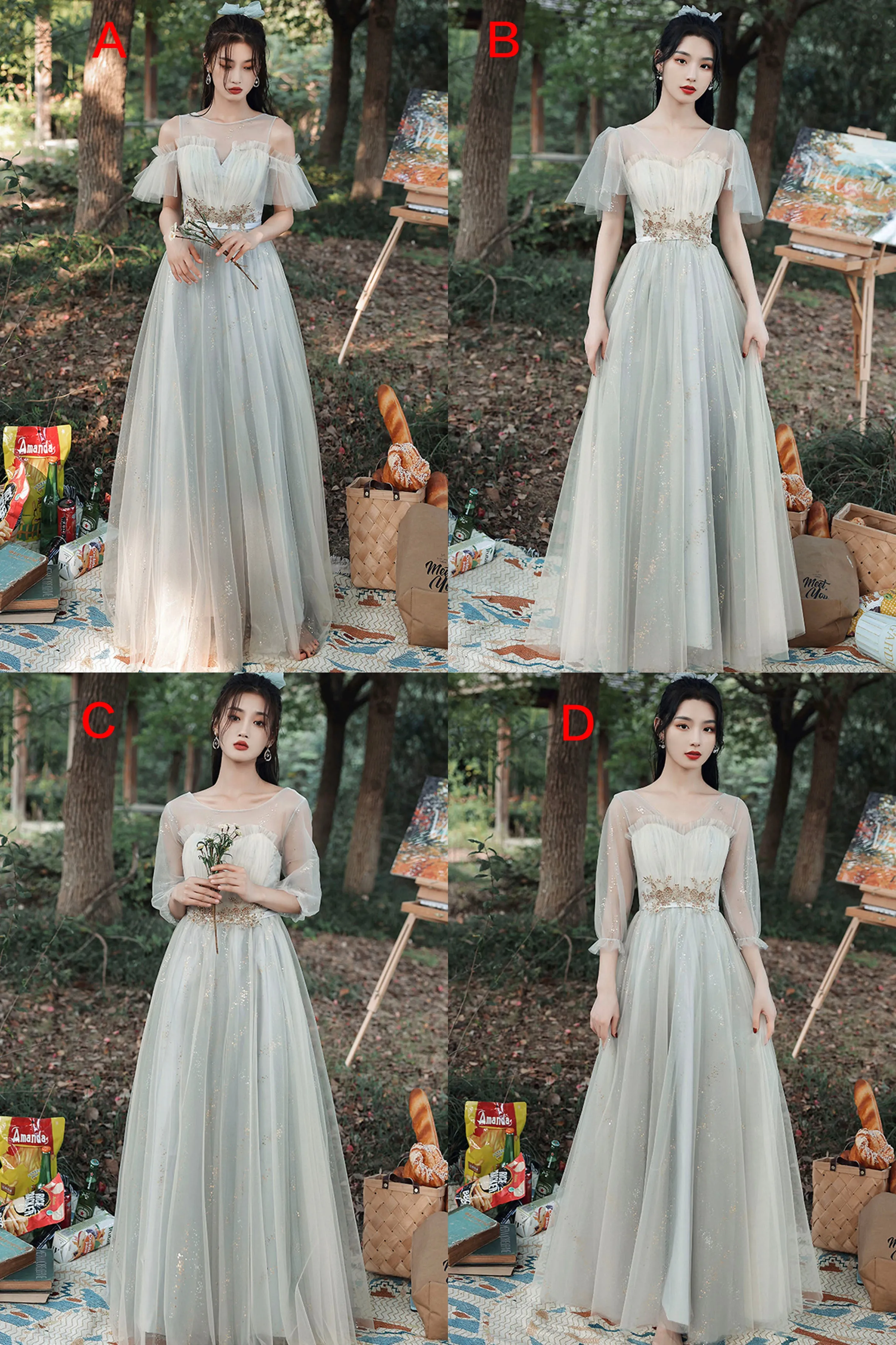 Gray Tulle Lace Long Prom Dress, Cute A-Line Party Dress
