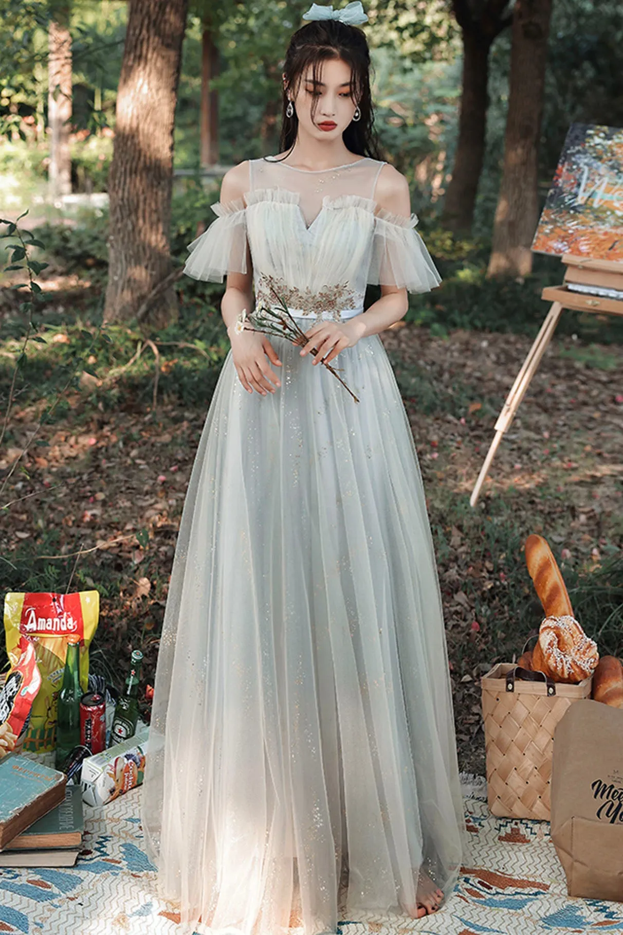Gray Tulle Lace Long Prom Dress, Cute A-Line Party Dress