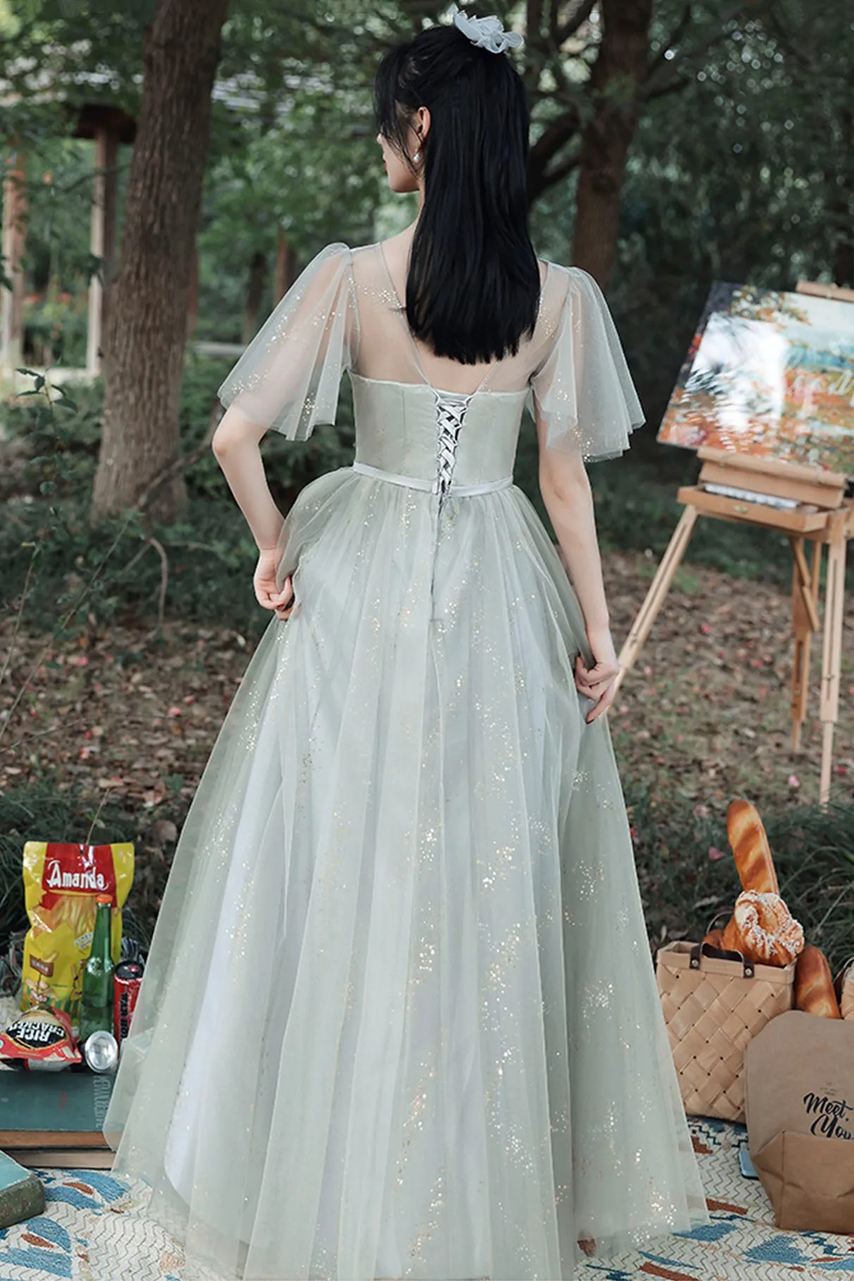Gray Tulle Lace Long Prom Dress, Cute A-Line Party Dress