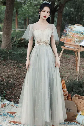Gray Tulle Lace Long Prom Dress, Cute A-Line Party Dress