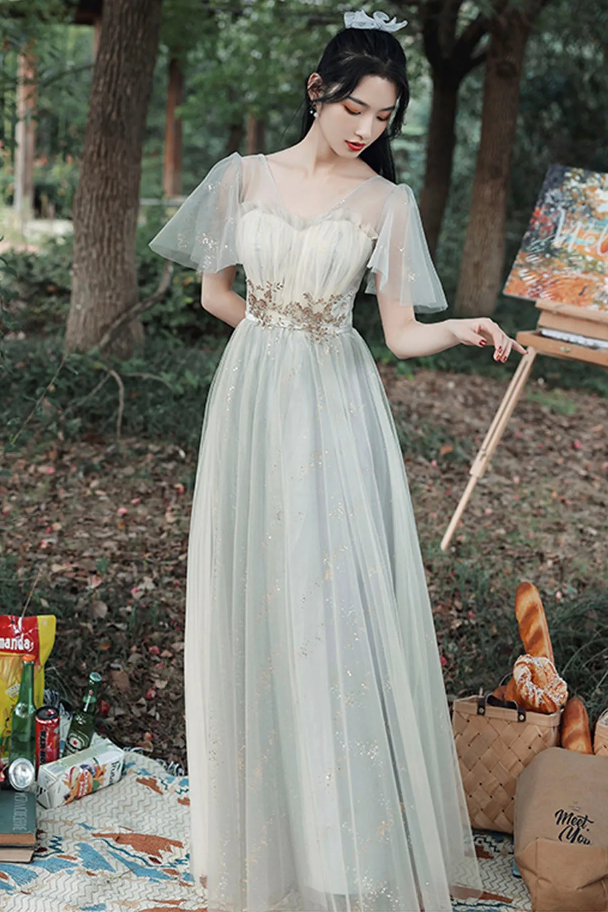 Gray Tulle Lace Long Prom Dress, Cute A-Line Party Dress