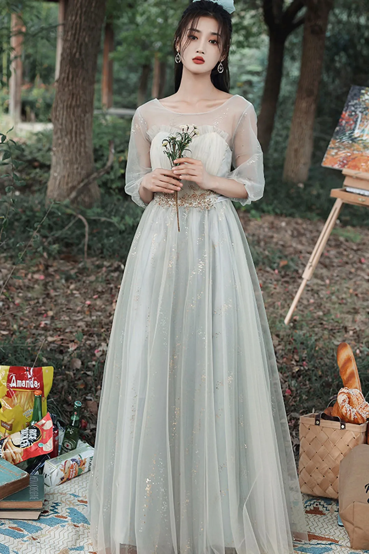 Gray Tulle Lace Long Prom Dress, Cute A-Line Party Dress
