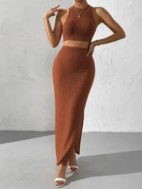 Ivyshape | Chic Sleeveless Crop Top And Maxi Skirt Knitted Set Women'S
