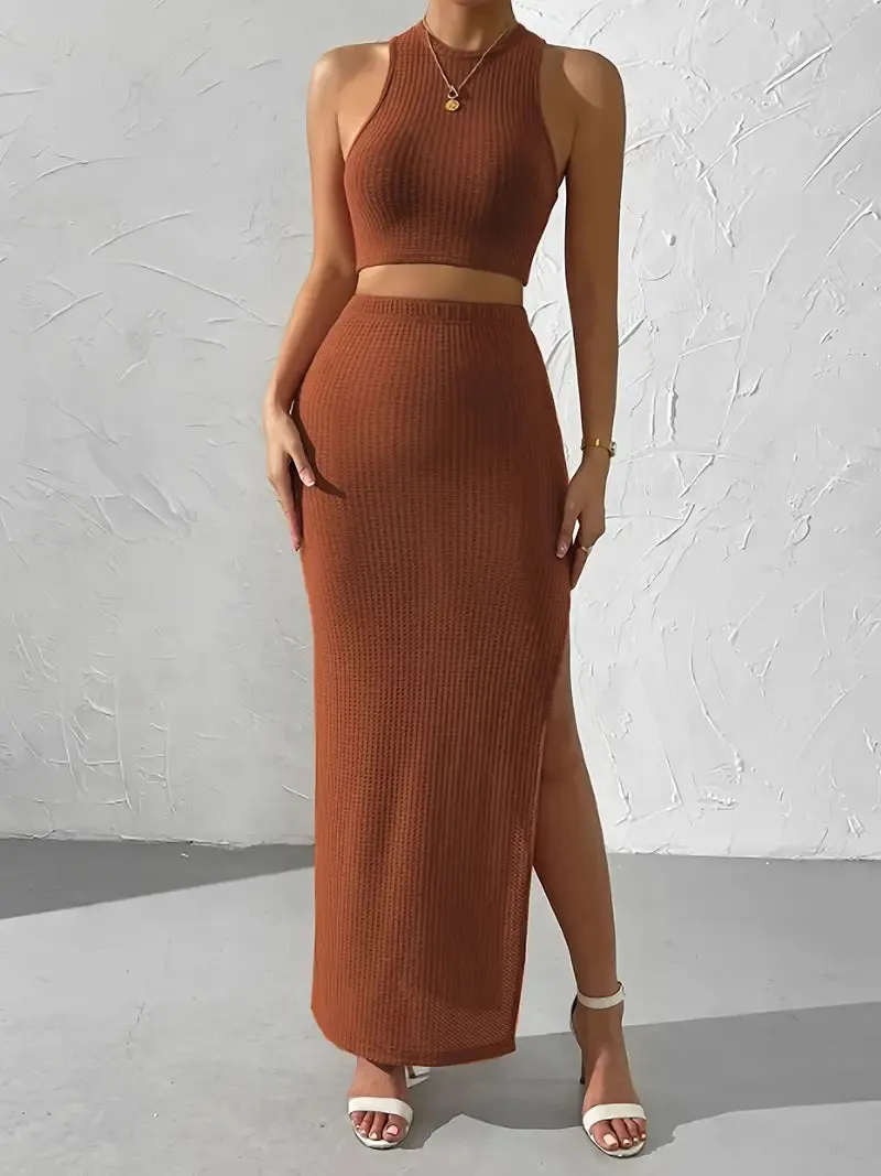 Ivyshape | Chic Sleeveless Crop Top And Maxi Skirt Knitted Set Women'S