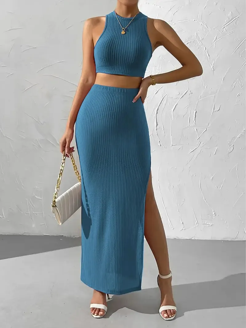 Ivyshape | Chic Sleeveless Crop Top And Maxi Skirt Knitted Set Women'S