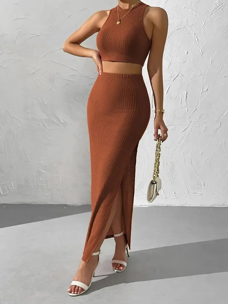 Ivyshape | Chic Sleeveless Crop Top And Maxi Skirt Knitted Set Women'S