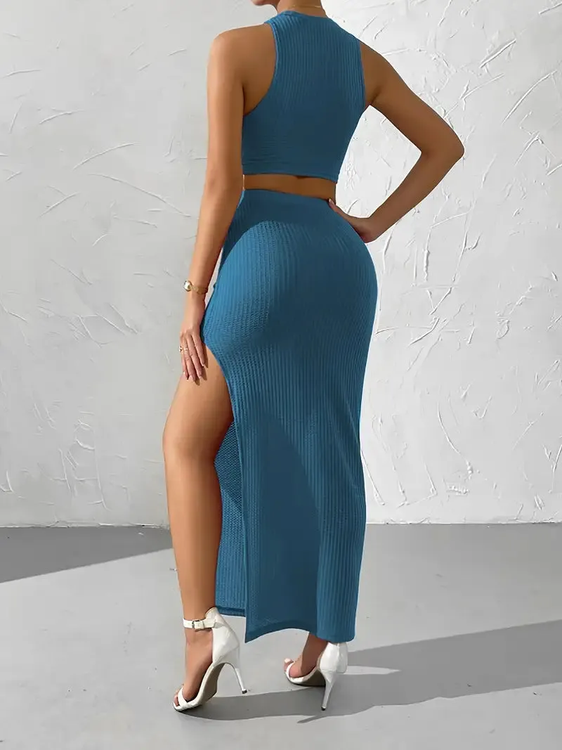 Ivyshape | Chic Sleeveless Crop Top And Maxi Skirt Knitted Set Women'S