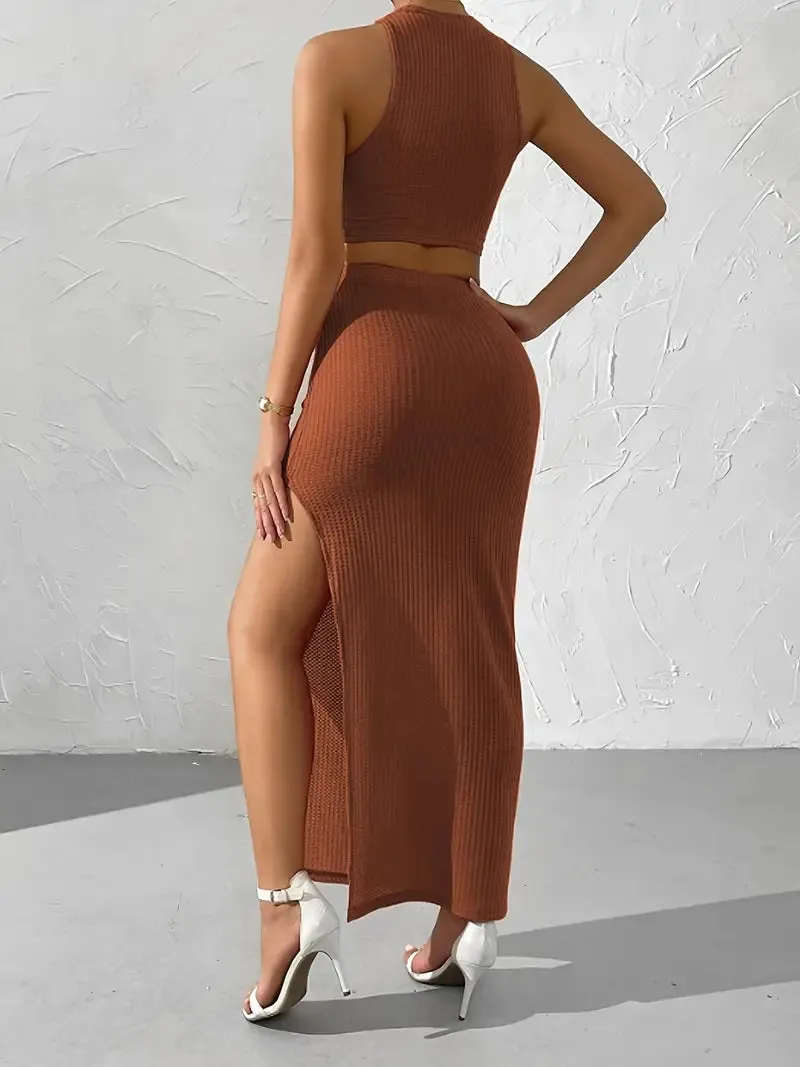 Ivyshape | Chic Sleeveless Crop Top And Maxi Skirt Knitted Set Women'S