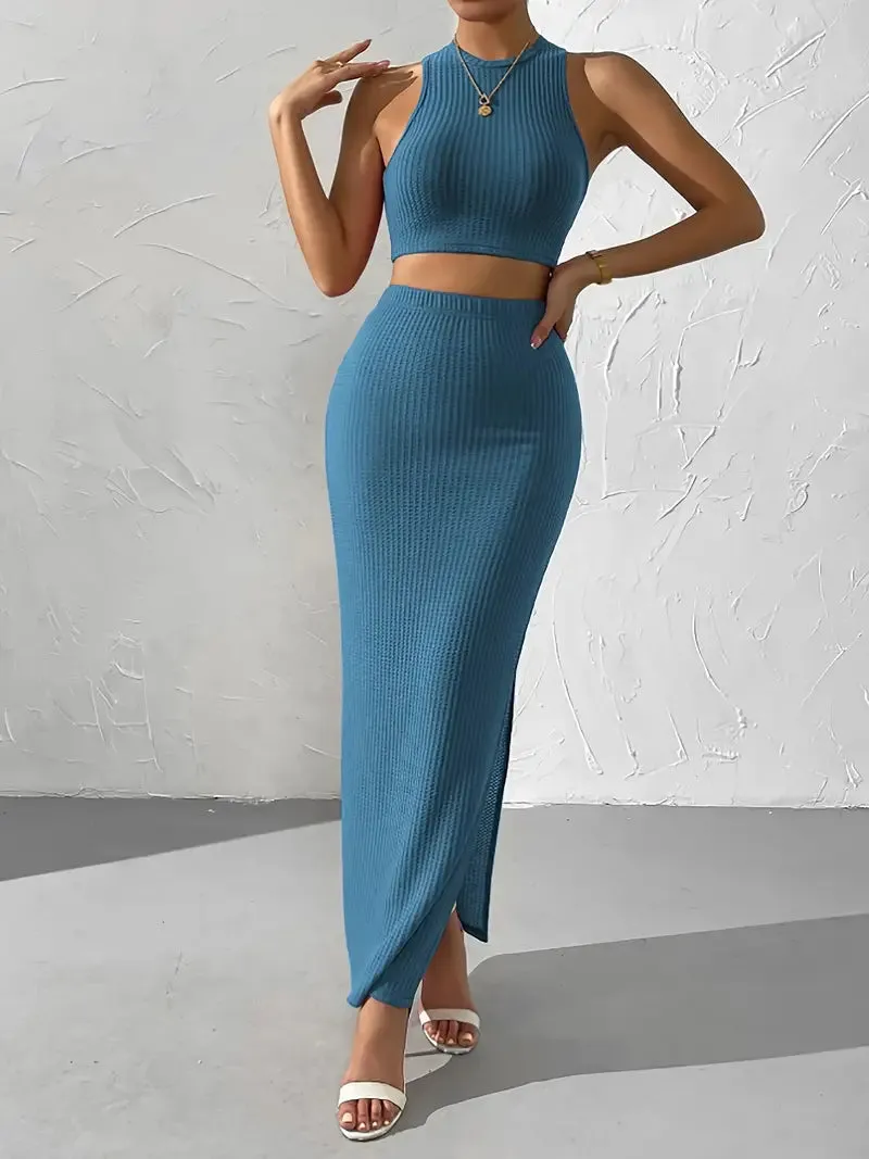 Ivyshape | Chic Sleeveless Crop Top And Maxi Skirt Knitted Set Women'S