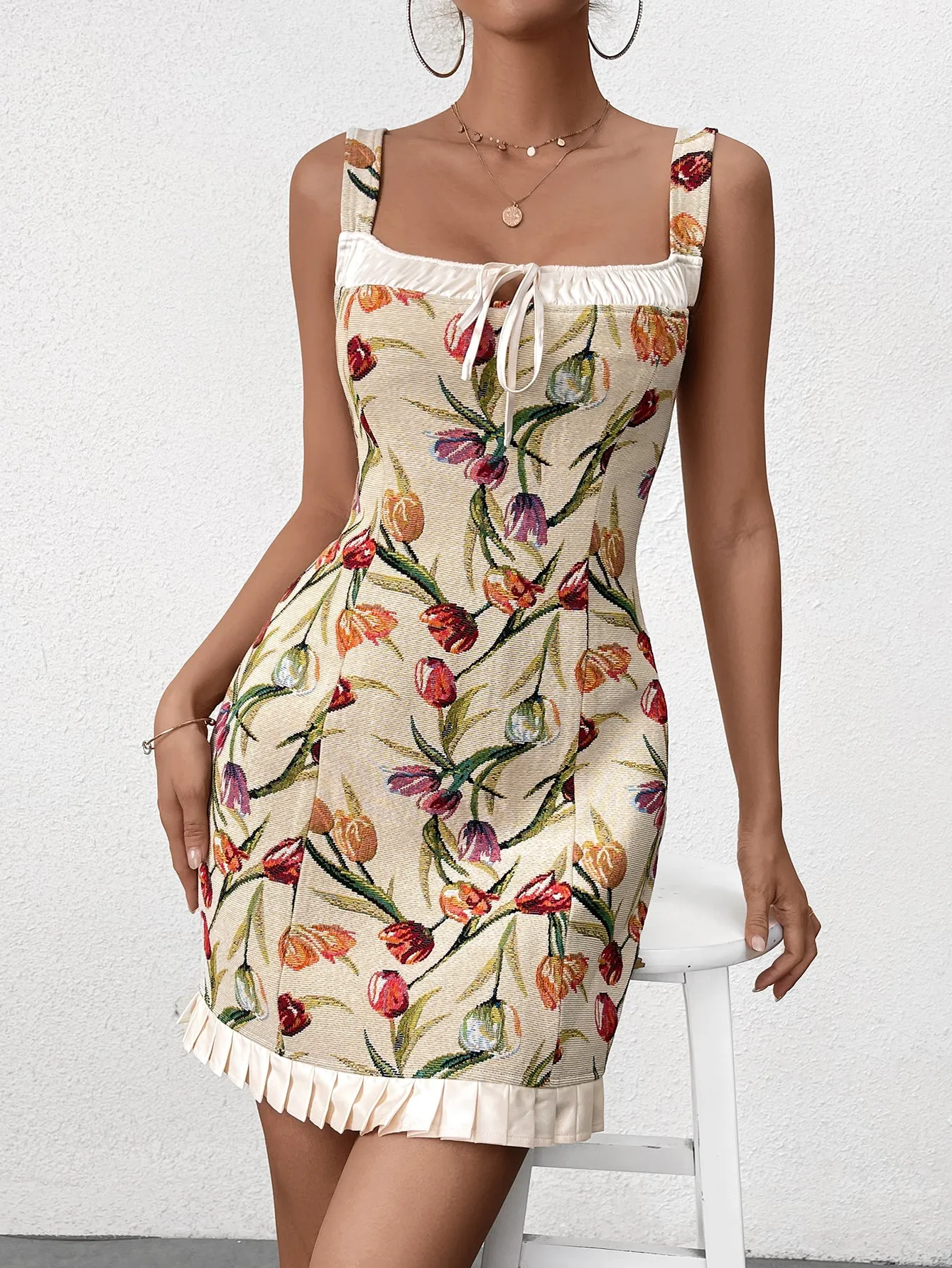 Jacquard Tie Front Ruffle Hem Bodycon Dress