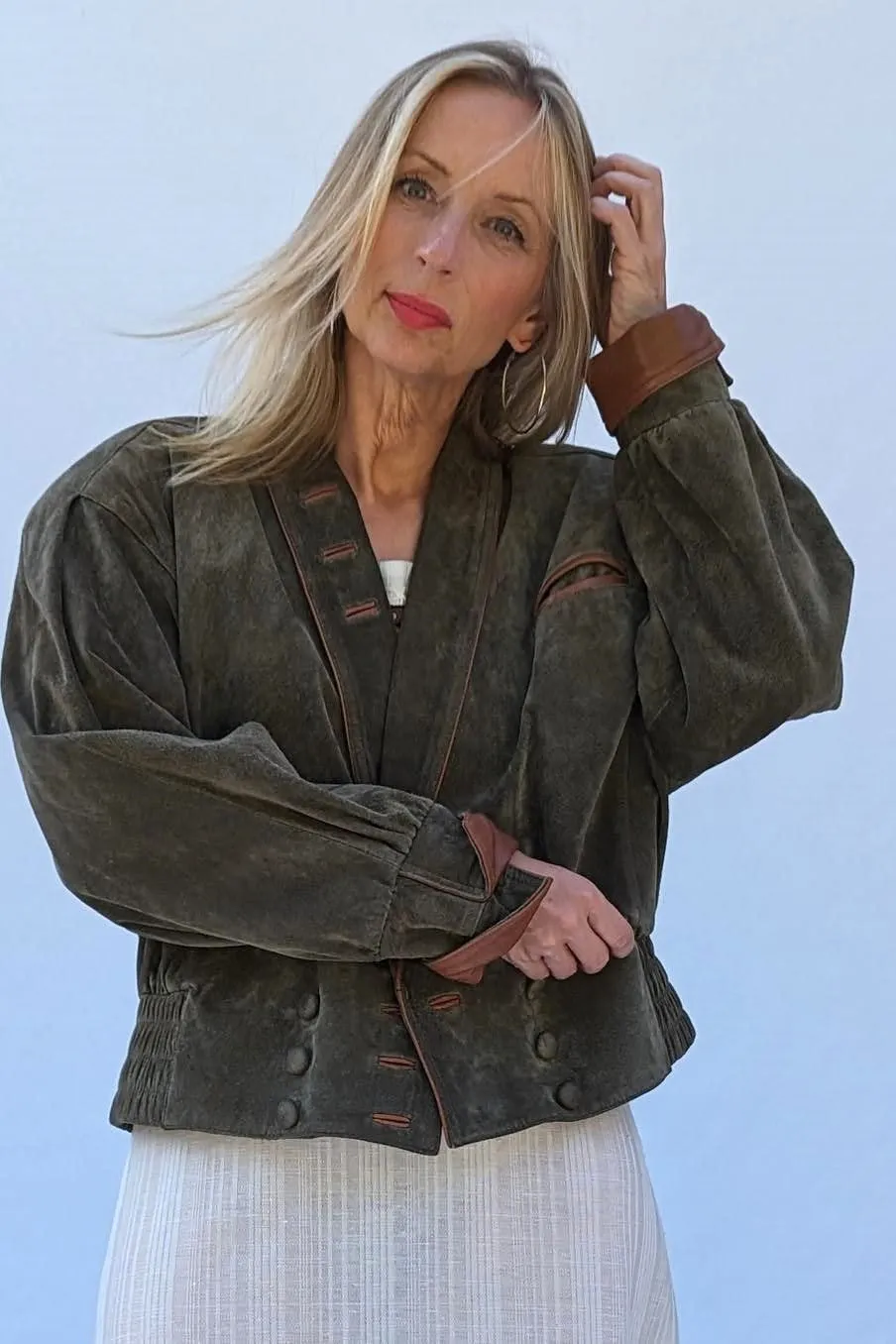 Khaki Grey Oversized Batwing Short Suede Jacket