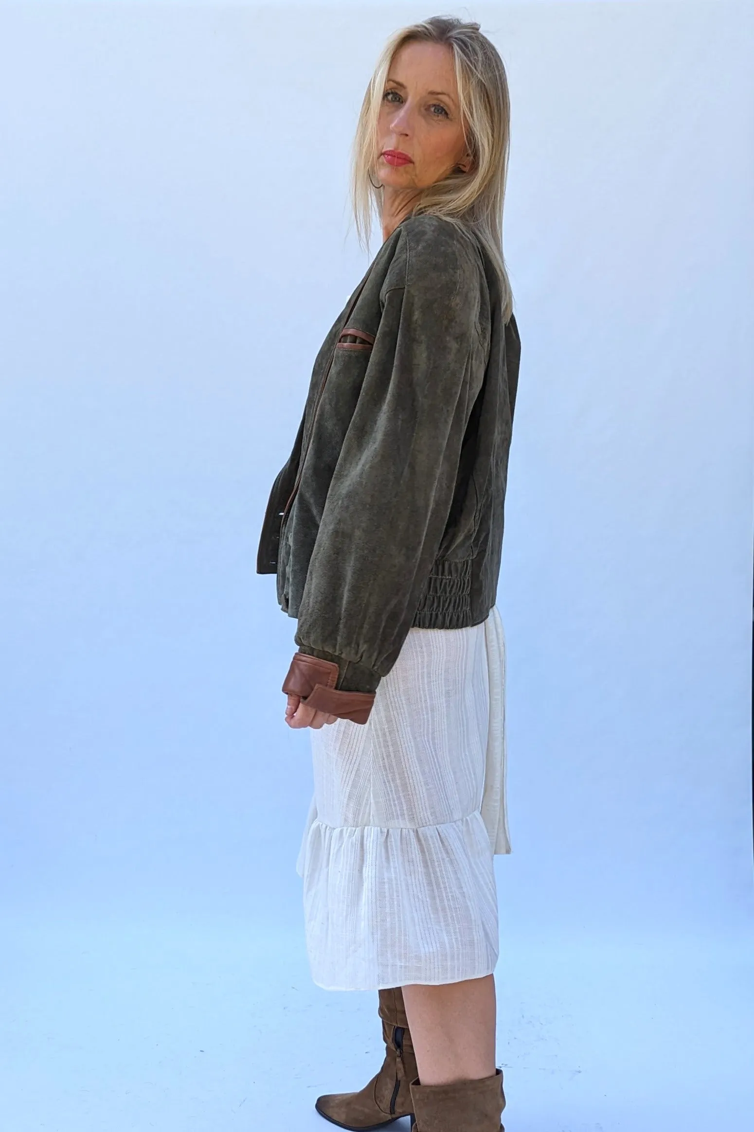 Khaki Grey Oversized Batwing Short Suede Jacket