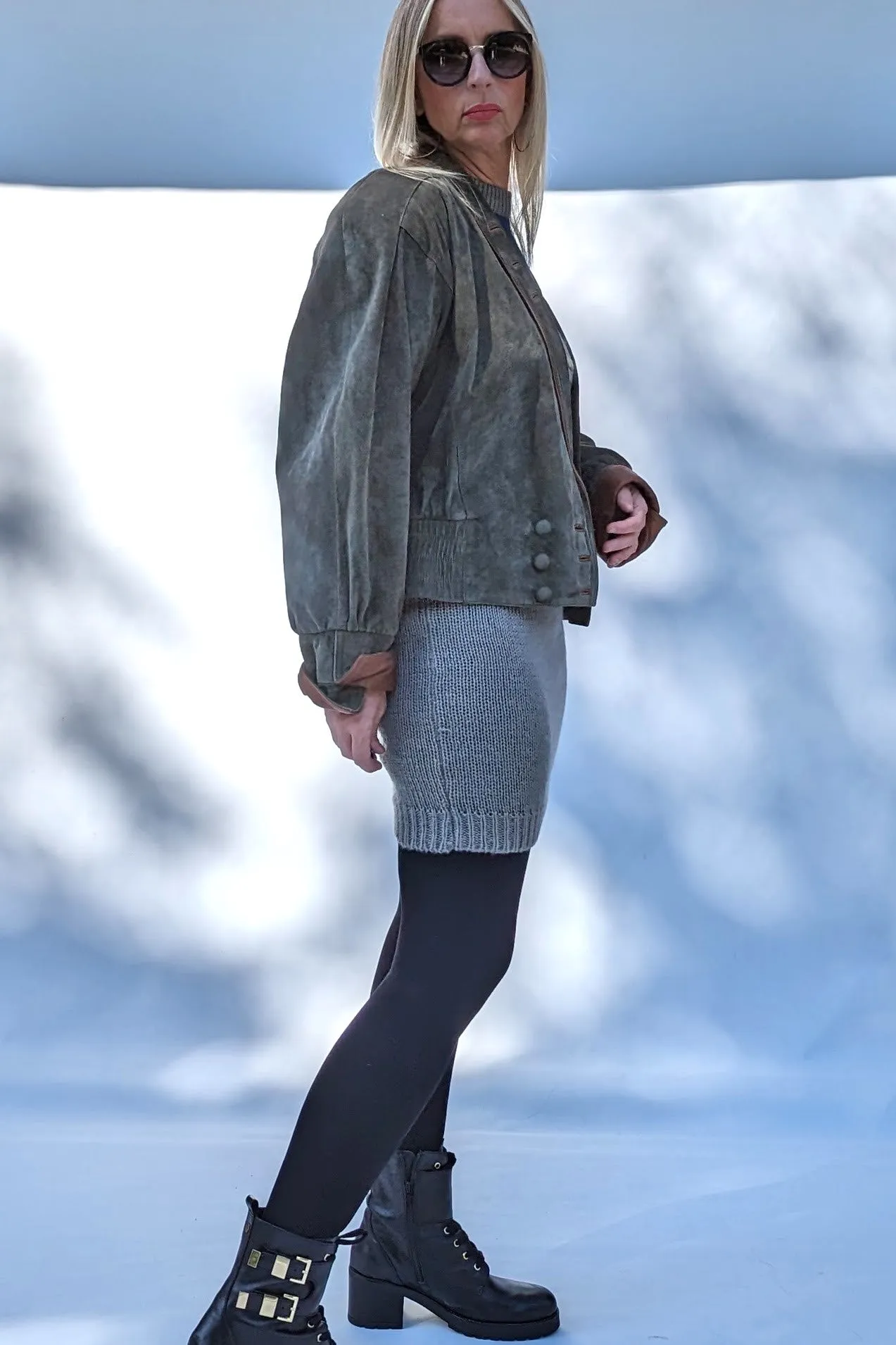 Khaki Grey Oversized Batwing Short Suede Jacket