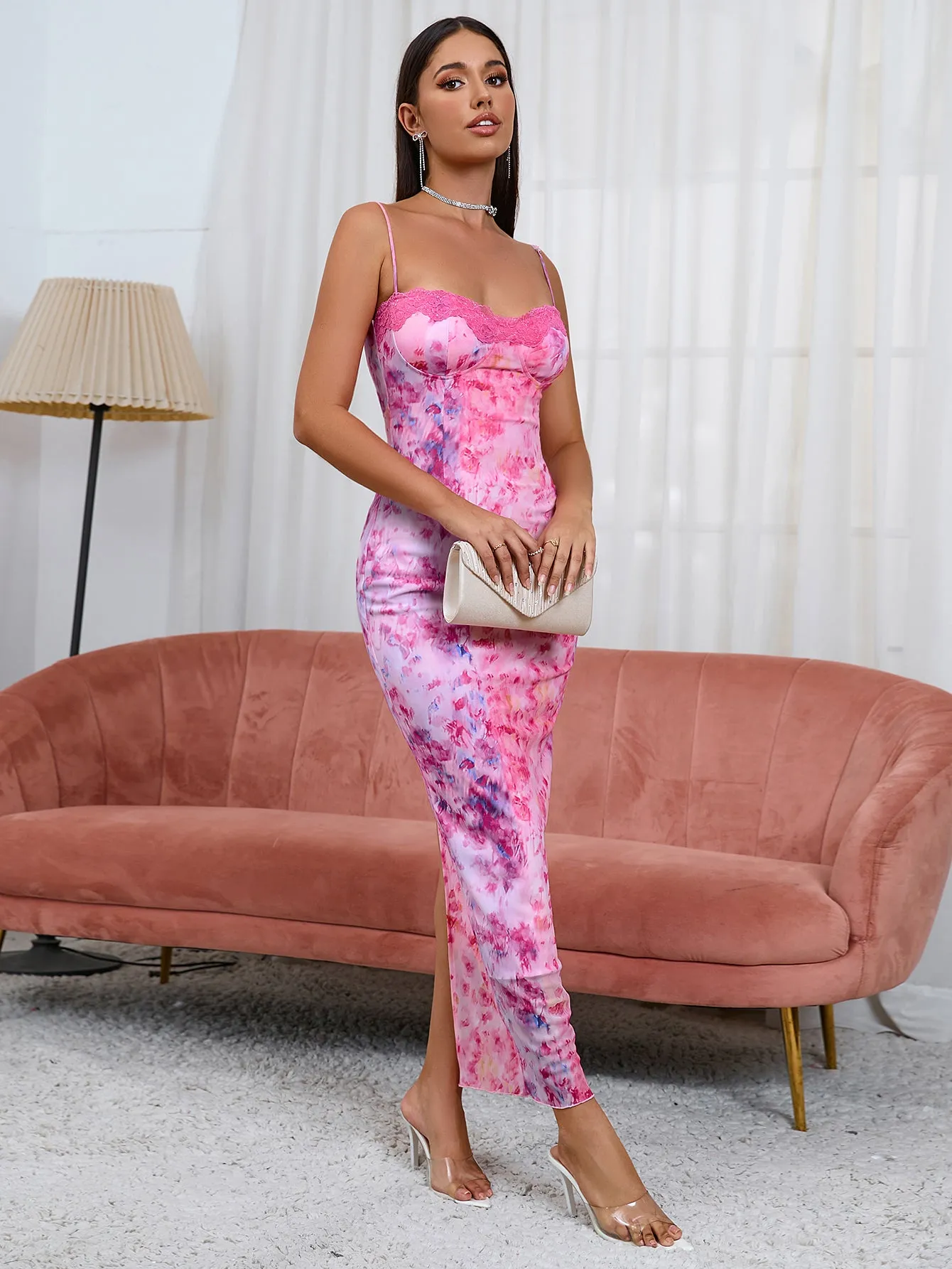 Lace Trim Floral Tie Back Bodycon Dress