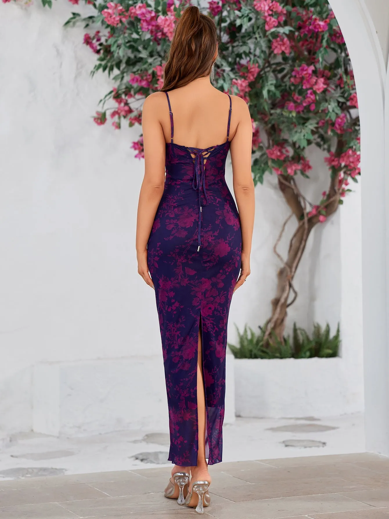 Lace Trim Floral Tie Back Bodycon Dress