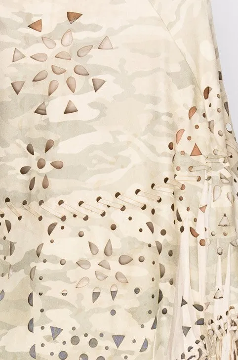 Origami 508-YM30 Camouflage Print Ultra-suede Cape with Laser Cut-Outs and Fringe
