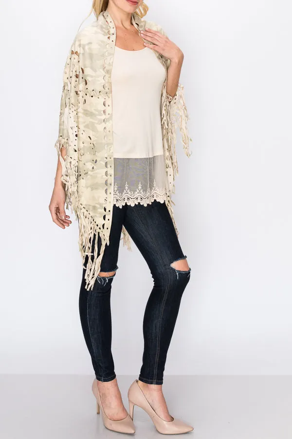 Origami 508-YM30 Camouflage Print Ultra-suede Cape with Laser Cut-Outs and Fringe