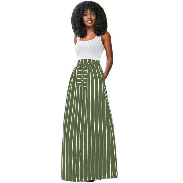 S- XL, Make yourself Look Taller and Slimmer!  Long Vertical striped Boho Skirt with side pockets