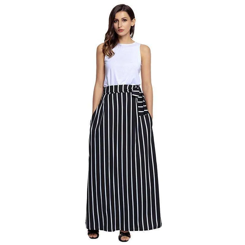 S- XL, Make yourself Look Taller and Slimmer!  Long Vertical striped Boho Skirt with side pockets