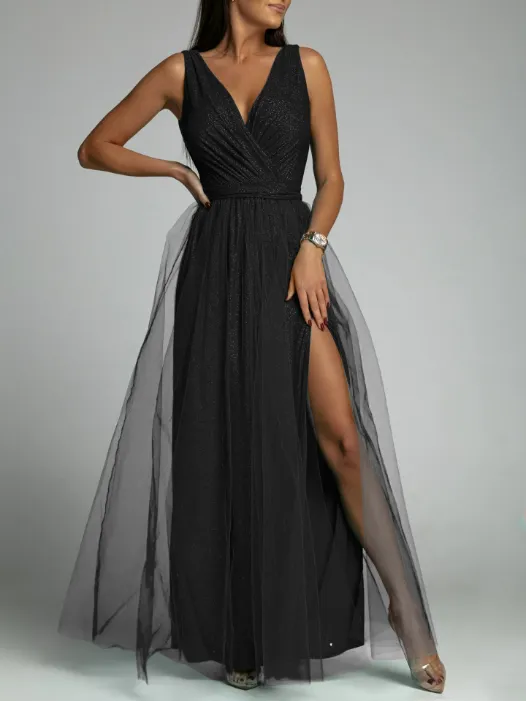 TastyHottie - Sexy V-neck waist slim split big swing shiny dress
