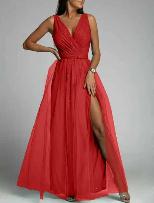 TastyHottie - Sexy V-neck waist slim split big swing shiny dress