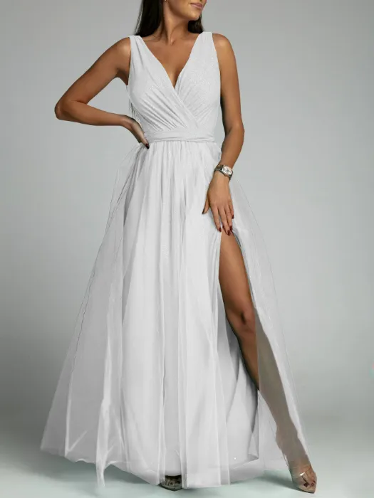 TastyHottie - Sexy V-neck waist slim split big swing shiny dress