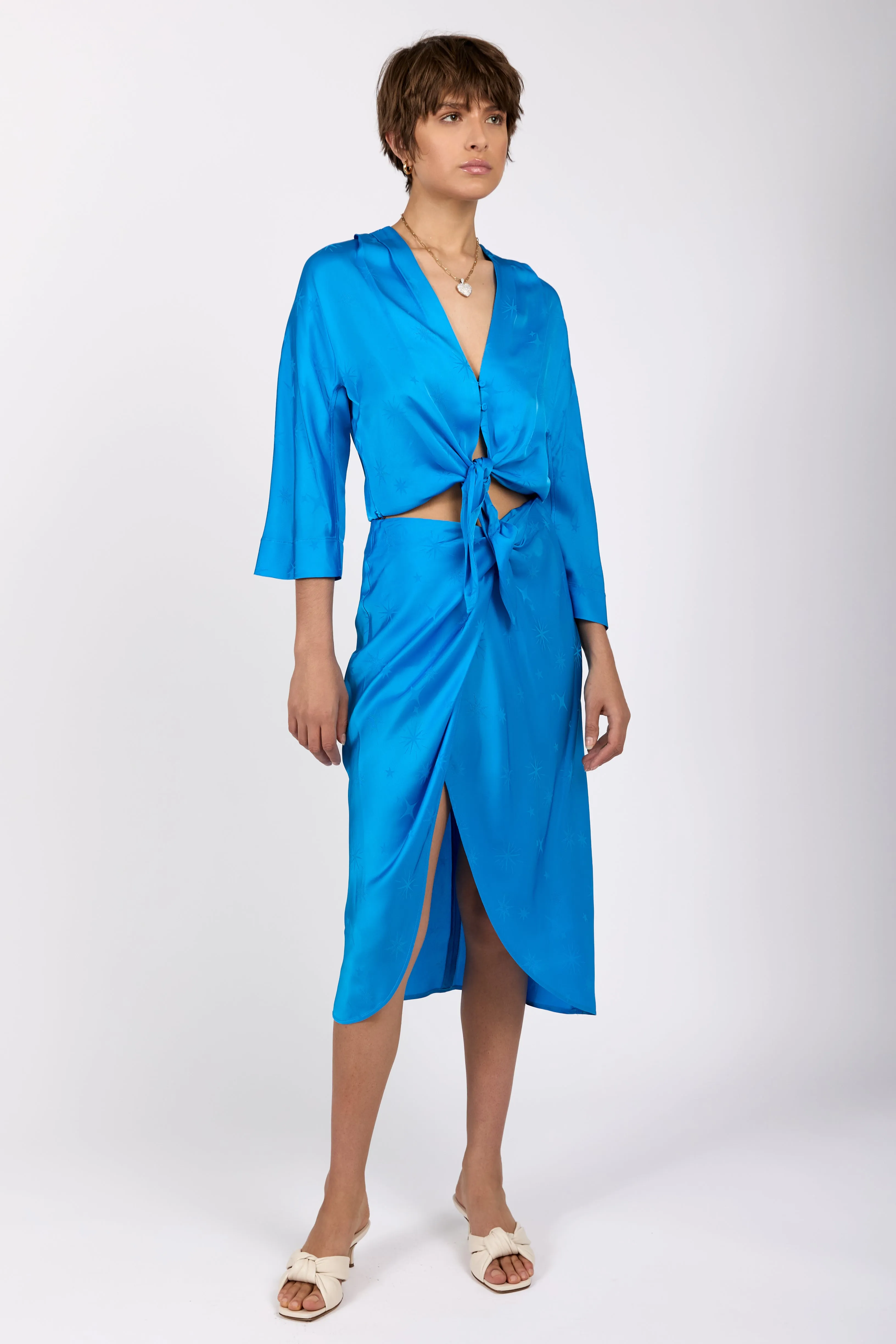 Étoile Jacquard Satin Skirt in Turquoise