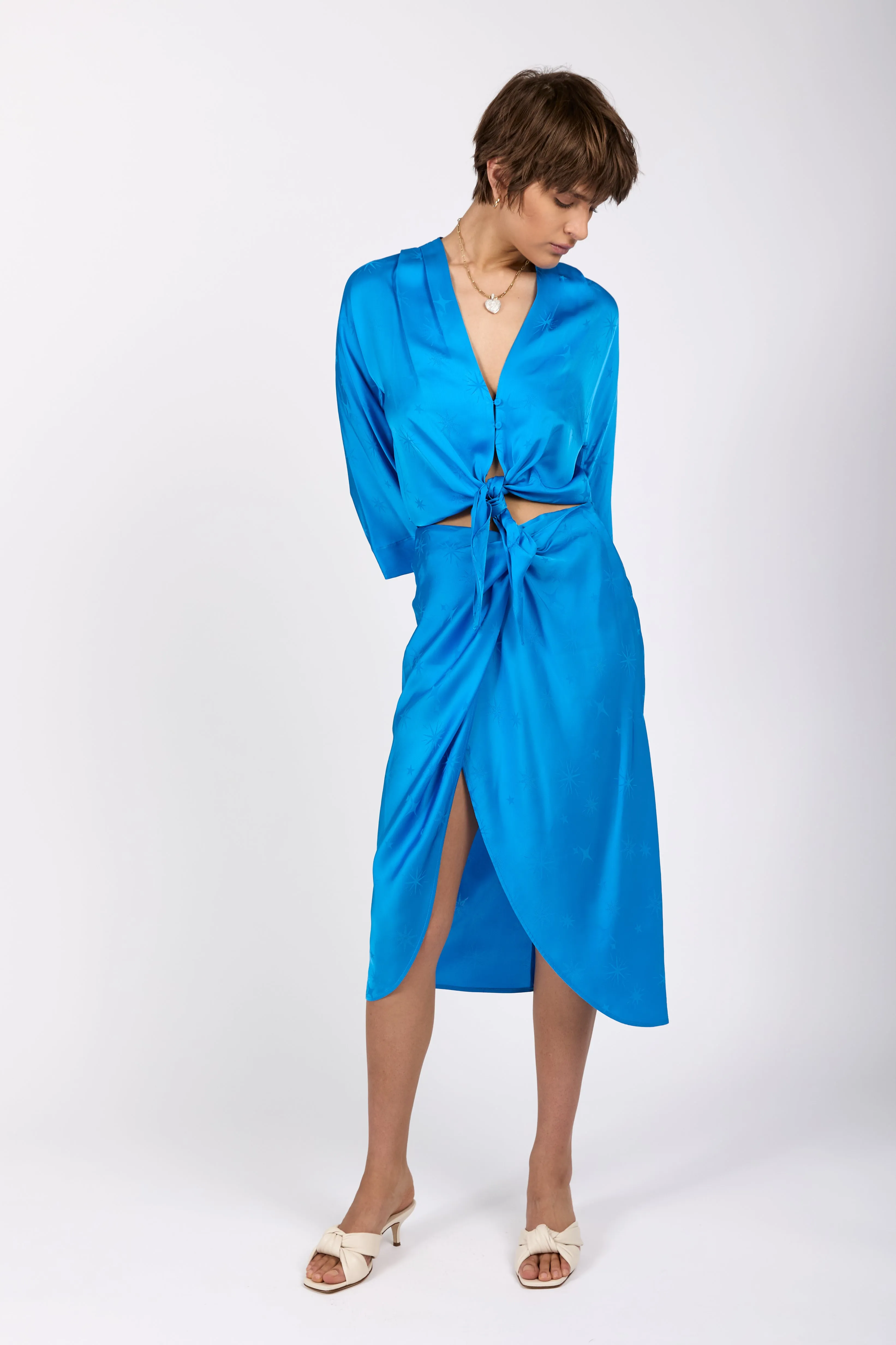 Étoile Jacquard Satin Skirt in Turquoise