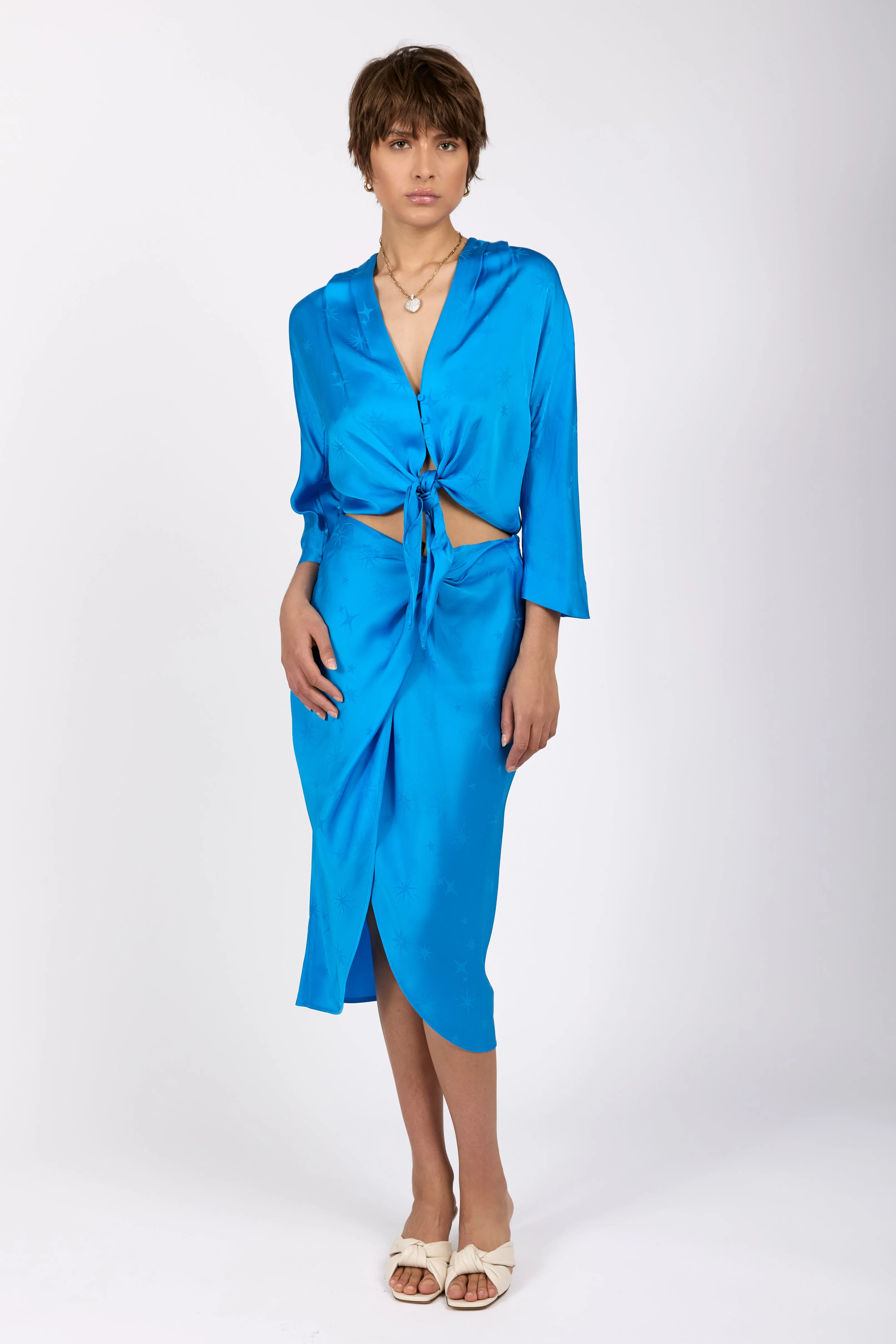 Étoile Jacquard Satin Skirt in Turquoise