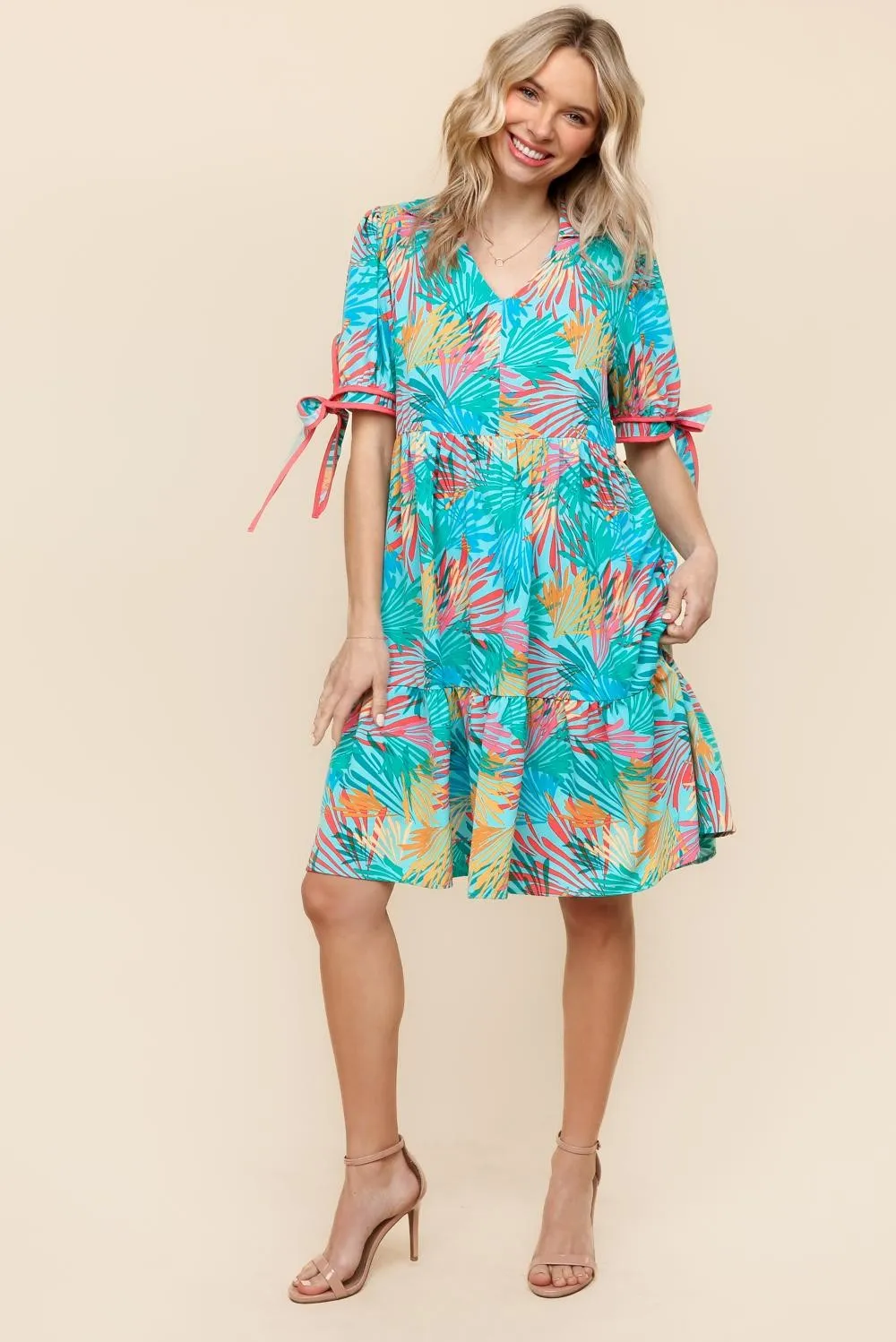TROPICAL PRINT WOVEN DRESS W/ SIDE POCKETS