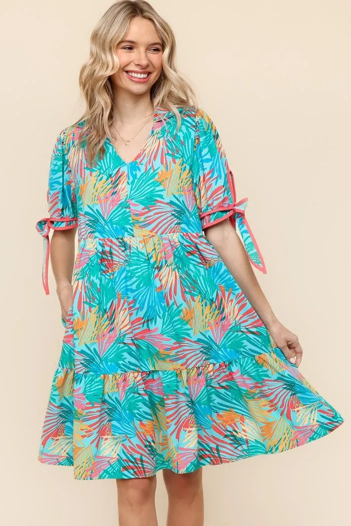 TROPICAL PRINT WOVEN DRESS W/ SIDE POCKETS
