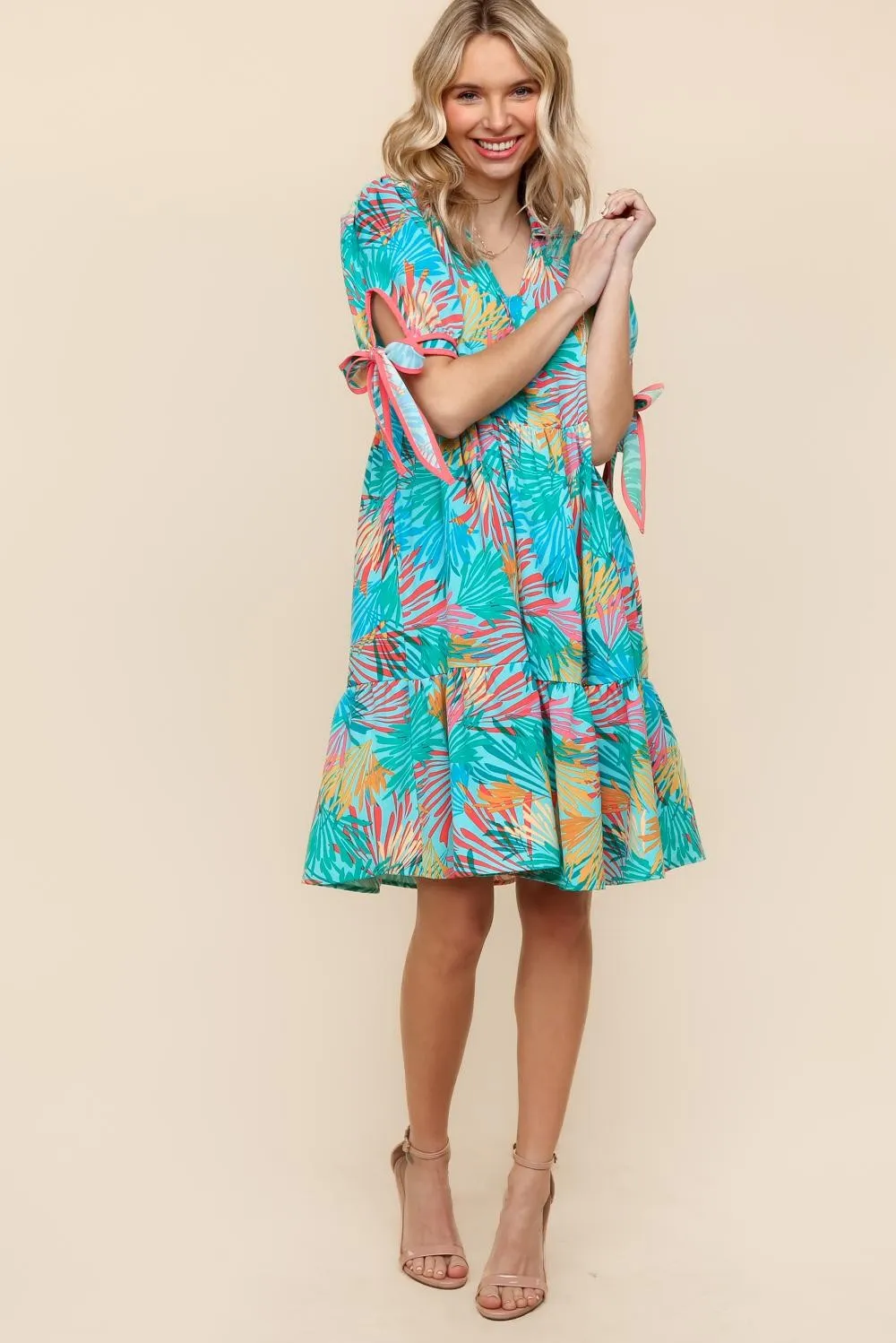 TROPICAL PRINT WOVEN DRESS W/ SIDE POCKETS