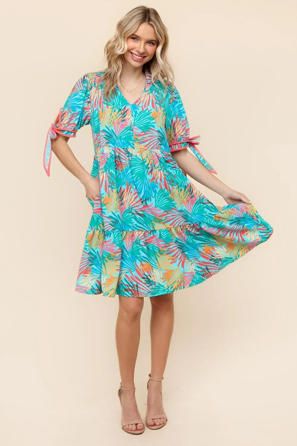 TROPICAL PRINT WOVEN DRESS W/ SIDE POCKETS
