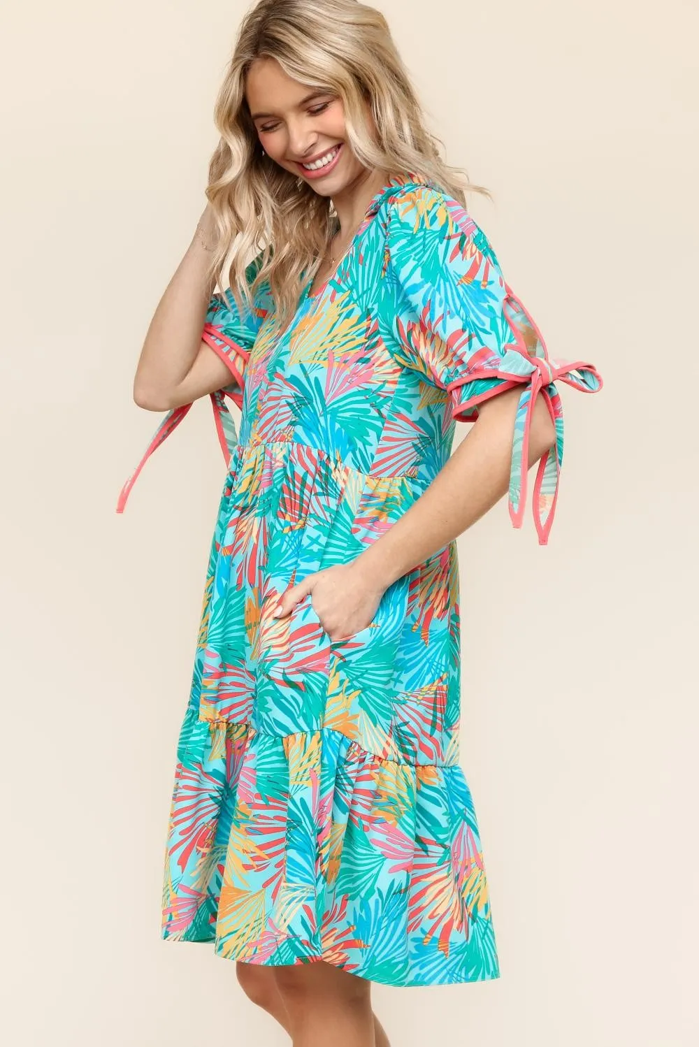 TROPICAL PRINT WOVEN DRESS W/ SIDE POCKETS