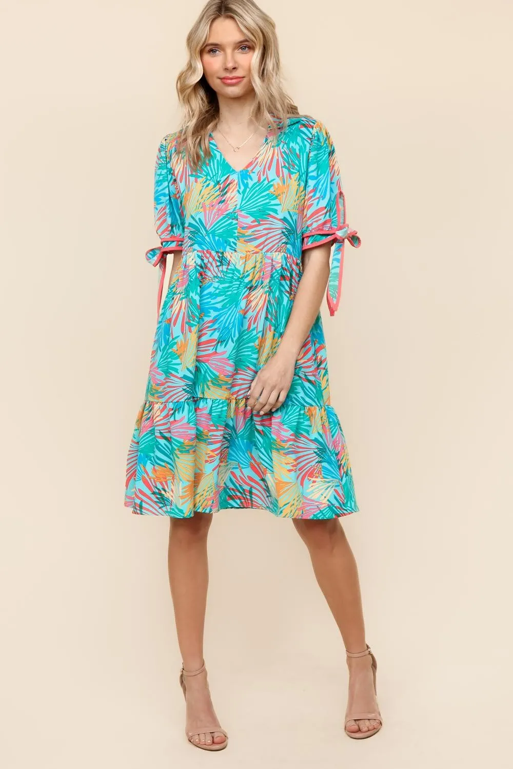 TROPICAL PRINT WOVEN DRESS W/ SIDE POCKETS