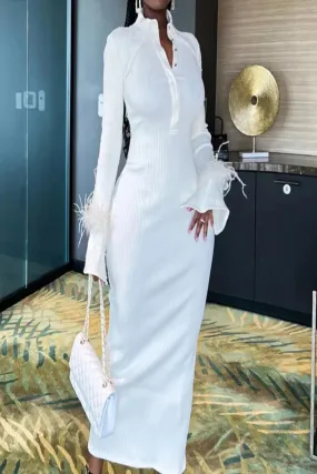 White Feather Cuffed Knitted Bodycon Dress
