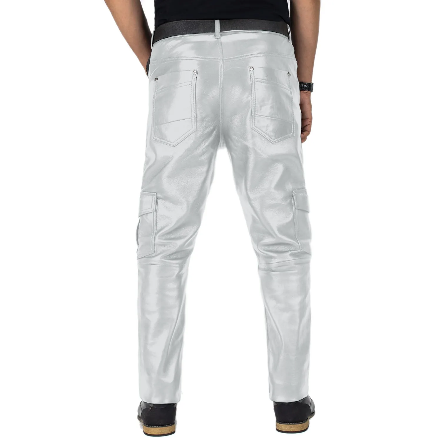 Ylira Men's White Leather Cargo Pants